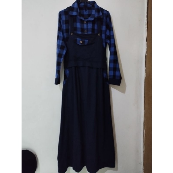 overal dress gamis planel kotak-kotak