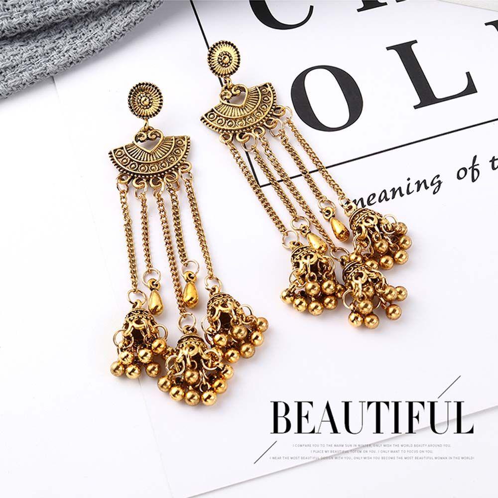 NEEDWAY Needway Giwang Anting Rumbai Panjang Elegan Vintage Lonceng Gipsi Hadiah Wanita India Jhumka Drop Earrings