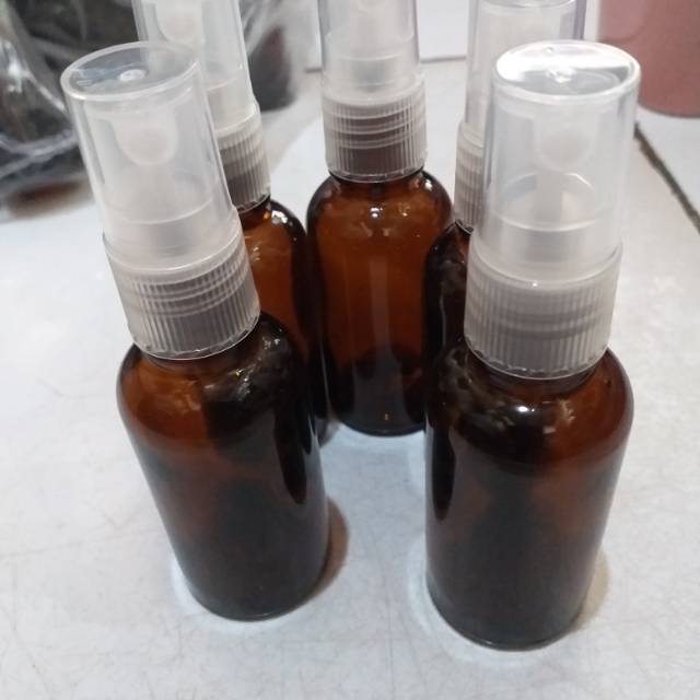 Botol kaca coklat 50 ml tutup spray transparan/putih