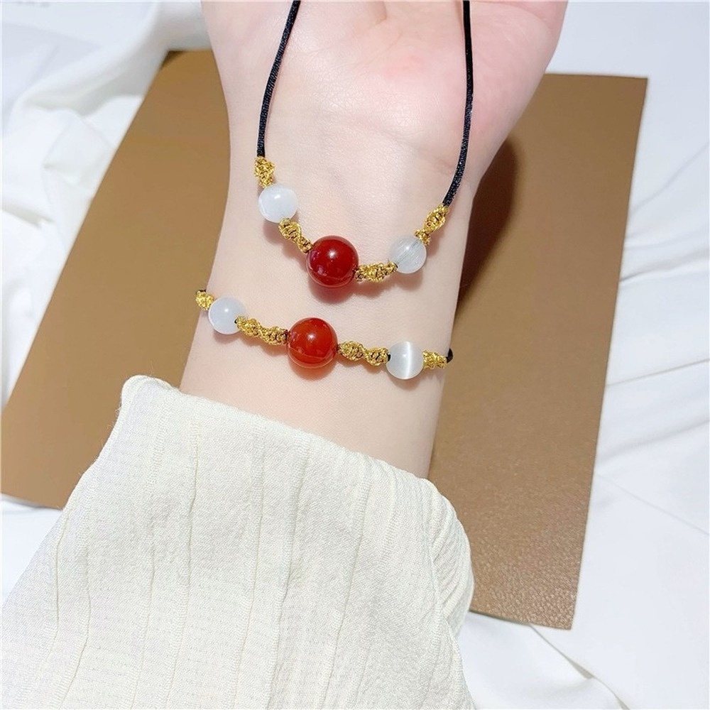 Kalung Gelang Liontin Manik-Manik Batu Akik Alami Warna Merah Gaya Korea Untuk Wanita