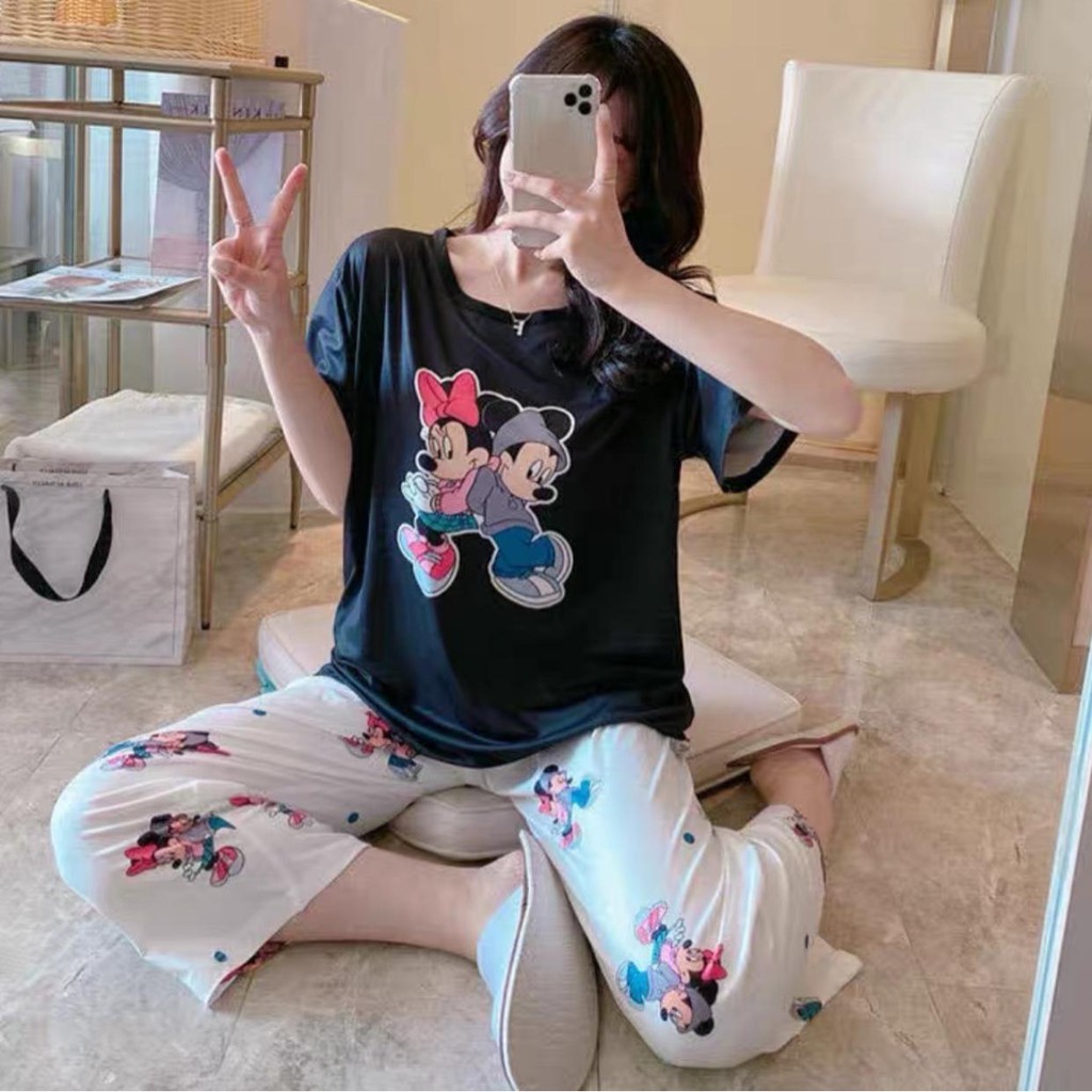 Baju Tidur Piyama Set/Piyama Wanita Import/Baju Piyama Motif Kartun/Woman Sleep Wear-P8-Hitam Mini Miky