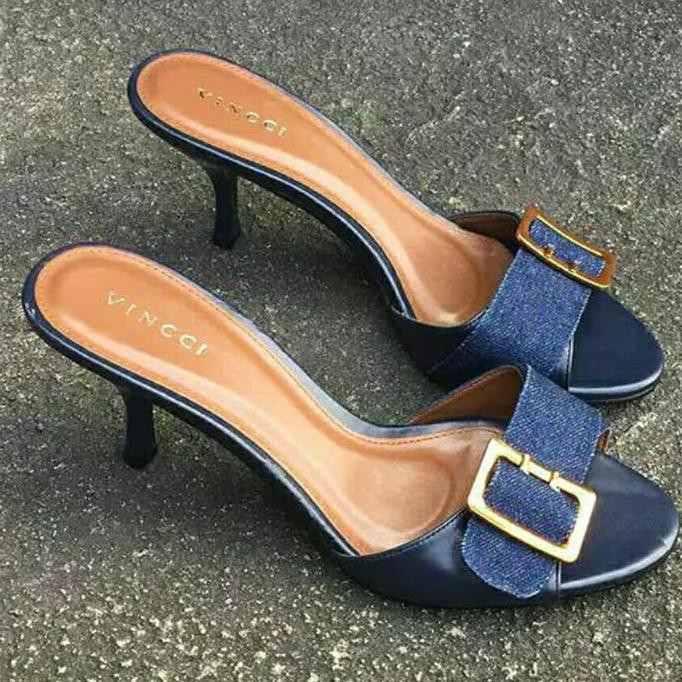 Kualitas Terbaik SANDAL HEELS VINCCI ORI MURAH/SALE VNC HEEL SANDAL NAVY DENIM ORIGINAL ON SALE