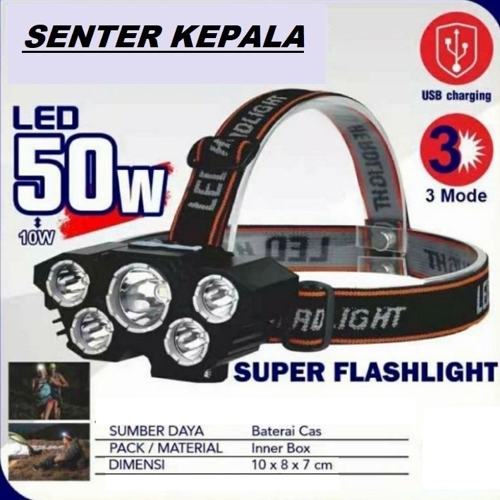 Senter Kepala 5 LED USB Charge 3mode L-T21 Headlamp LED USB Super Terang - Senter Kepala LED Senter Kepala L-T21 Senter Mini 5 LED Headlamp USB Chargeable 3 Mode