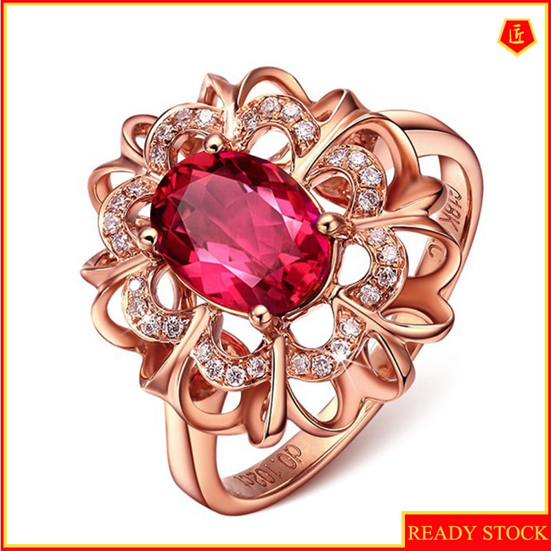 [Ready Stock]18K Rose Gold Inlaid Colored Gemstone Ring Elegant Advanced Exquisite