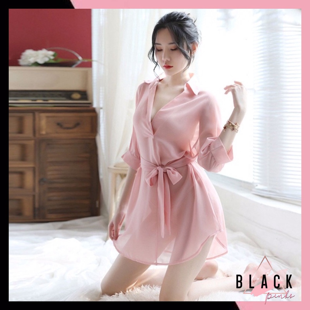 Blackpink Lingerie Wanita Bahan Lace Baju Tidur Transparan Berkerah Import 1180