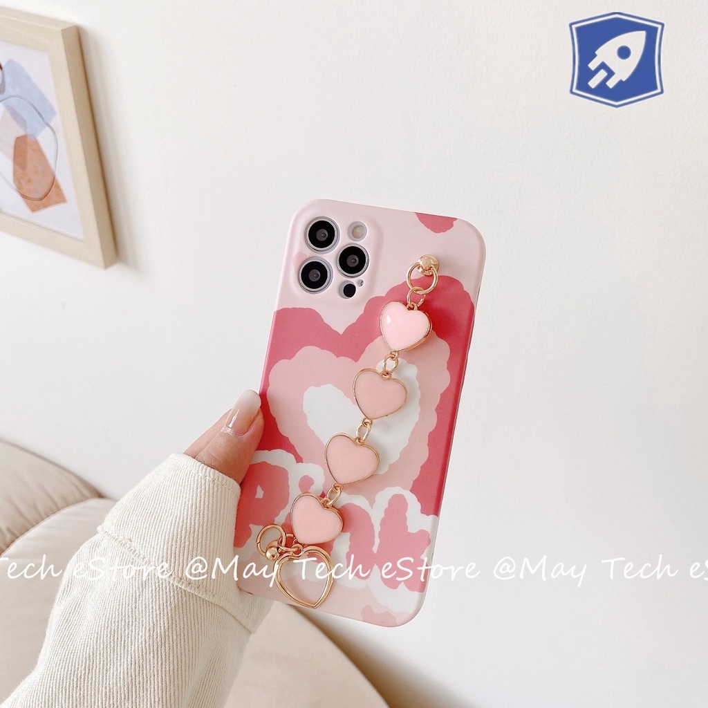 Casing iPhone Love Pink dengan Hand Grip Rantai Pergelangan Tangan Love Gold iPhone X XS XR XSMAX 11 12 13 PRO PROMAX