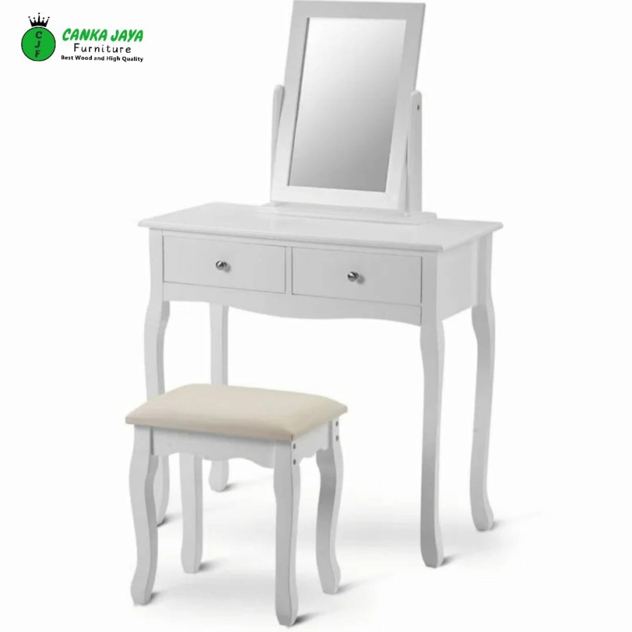 CANKA Fleur - Meja Rias Cermin Kaca dan Bangku Kecil Minimalis Klasik | White Dressing Table