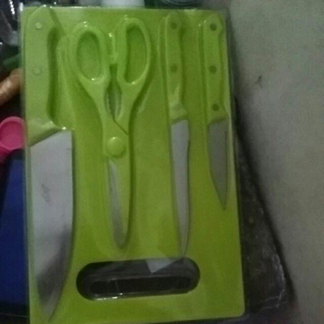 Knife Set 5 Pcs - Pisau Dapur Roti Daging Gunting Sayur Dan Talenan