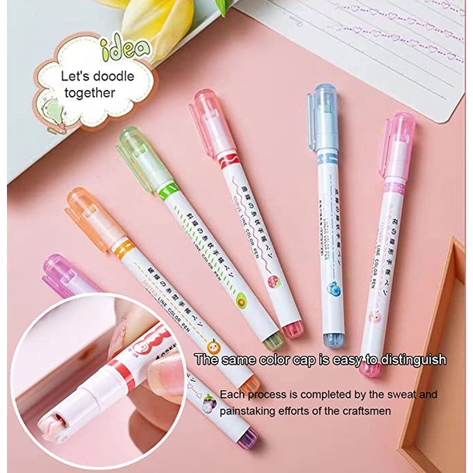 3 Pcs / Kotak Pena Marker Highlighter Kontur Garis Gelombang Cepat Kering Motif Bunga Untuk Alat Tulis Sekolah Kantor