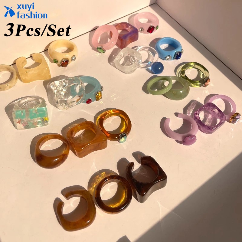 3Pcs / Set Cincin Resin Akrilik Transparan Tidak Teratur Warna-Warni Untuk Wanita