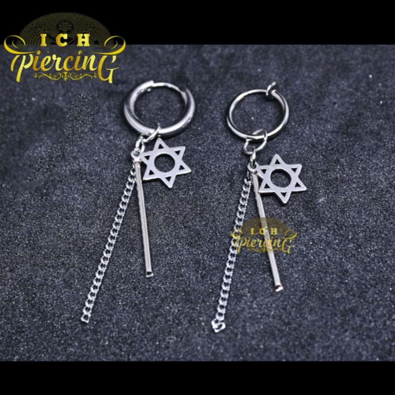 VIRAL Anting HOOP Bintang hexagram Batang Rantai Titanium / Anting Hits Terlaris / Anting Pria Wanita / ICH PIERCING