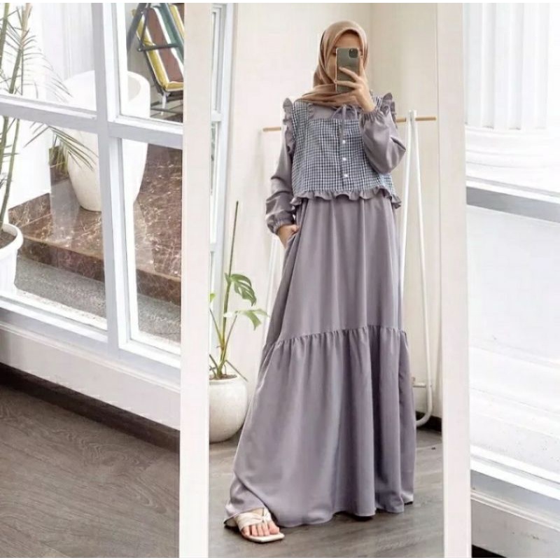 Gamis outher kotak kotak terbaru  2022 baju gamis wanita dress muslim kekinian 2022