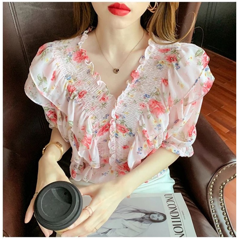 MDLV ~ 2433 Angelica Smocked Top Atasan Sabrina Flower Import Korea Look Fashion import