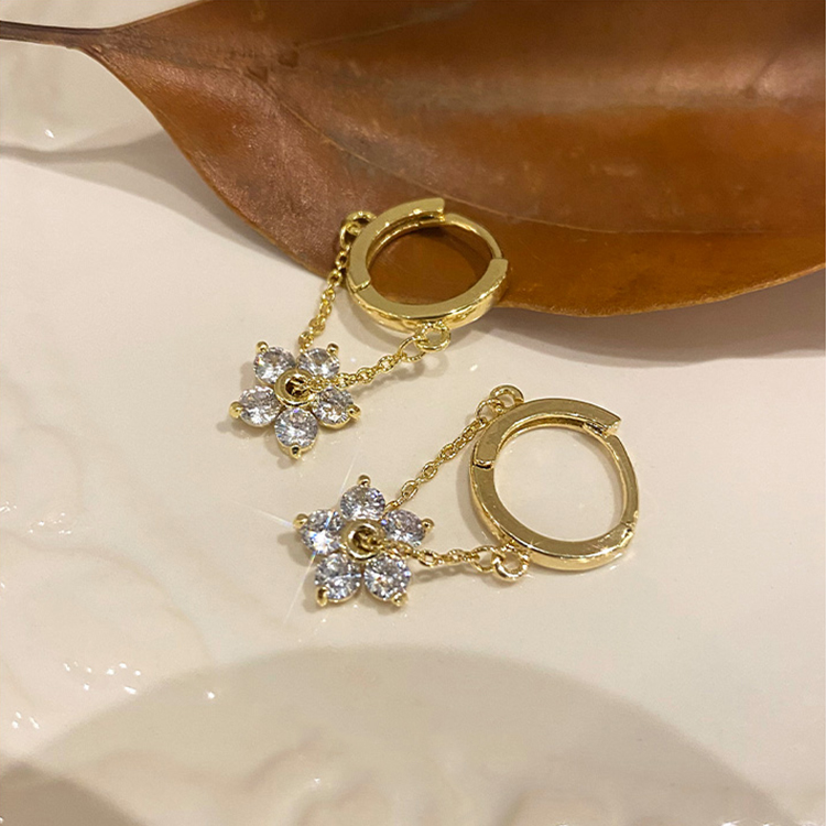 Anting Bunga Zirkon Berpohon Rantai Bulat Kecil lady korea