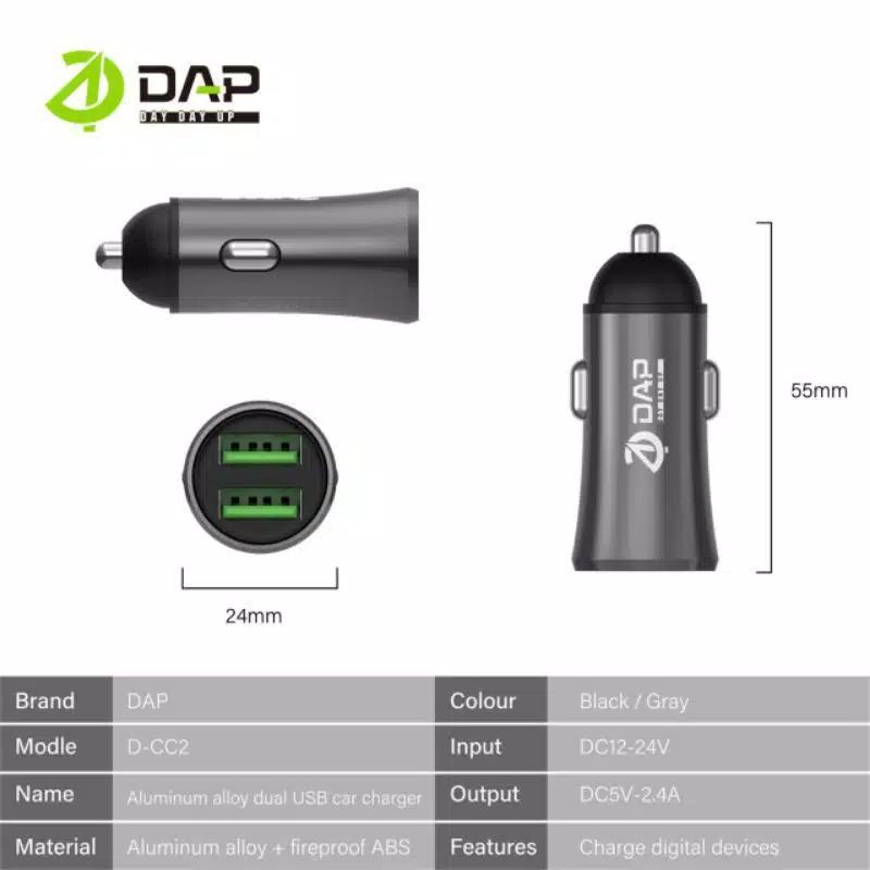 CHARGER MOBIL DAP 2USB 2.4A CAR CHARGER DAP CASAN MOBIL DAP 2USB 2.4A D-CC2