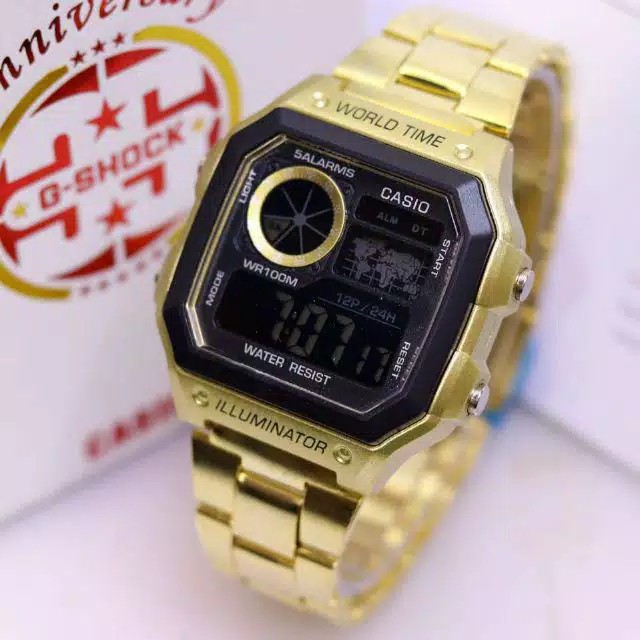 Jam Tangan Pria Korea Style Casio iluminator AE-1200 Rantai Stainlist Steel