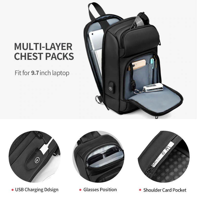 NIGEER NIG-1820 - Men Casual Crossbody Bag Chest Pack with USB Port - Tas Selempang Pria Modis Keren