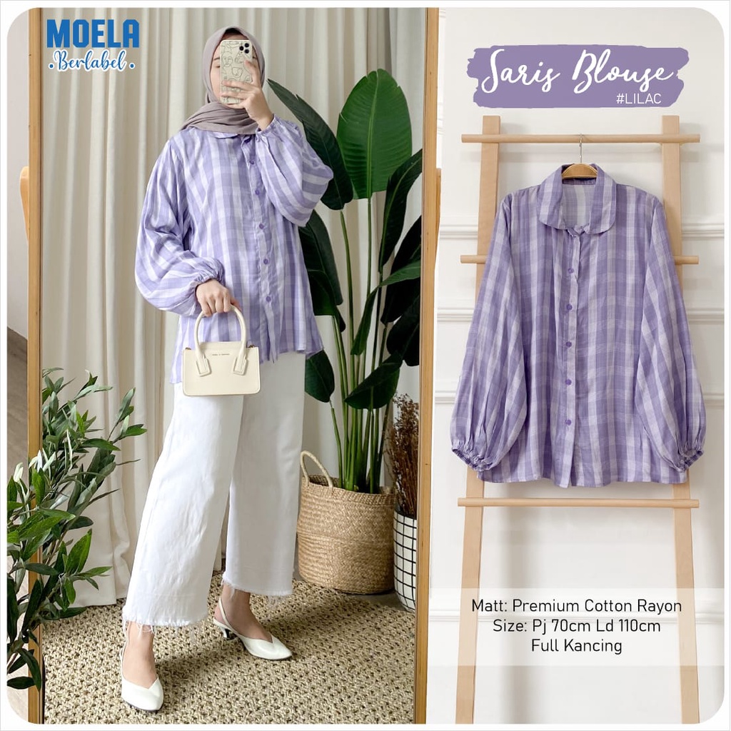 SARIS blouse ld 110cm by  ORI MOELA premium cotton rayon atasan kotak -kotak warna soft OOTD best