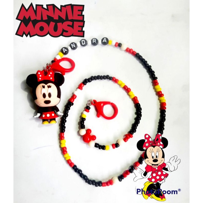 Kalung masker anak (ada bandulnya/boneka) tema Minnie Mouse/ Strap masker anak bisa request nama/warna/motif