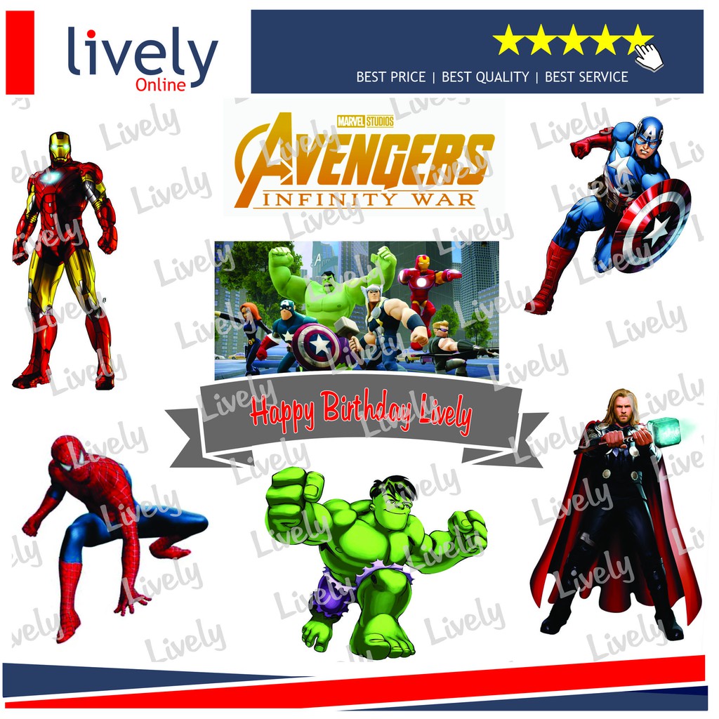 CAKE TOPPER KARAKTER HIASAN KUE HBD HAPPY BIRTHDAY CUSTOM NAMA AVENGER INFINITY 01 set