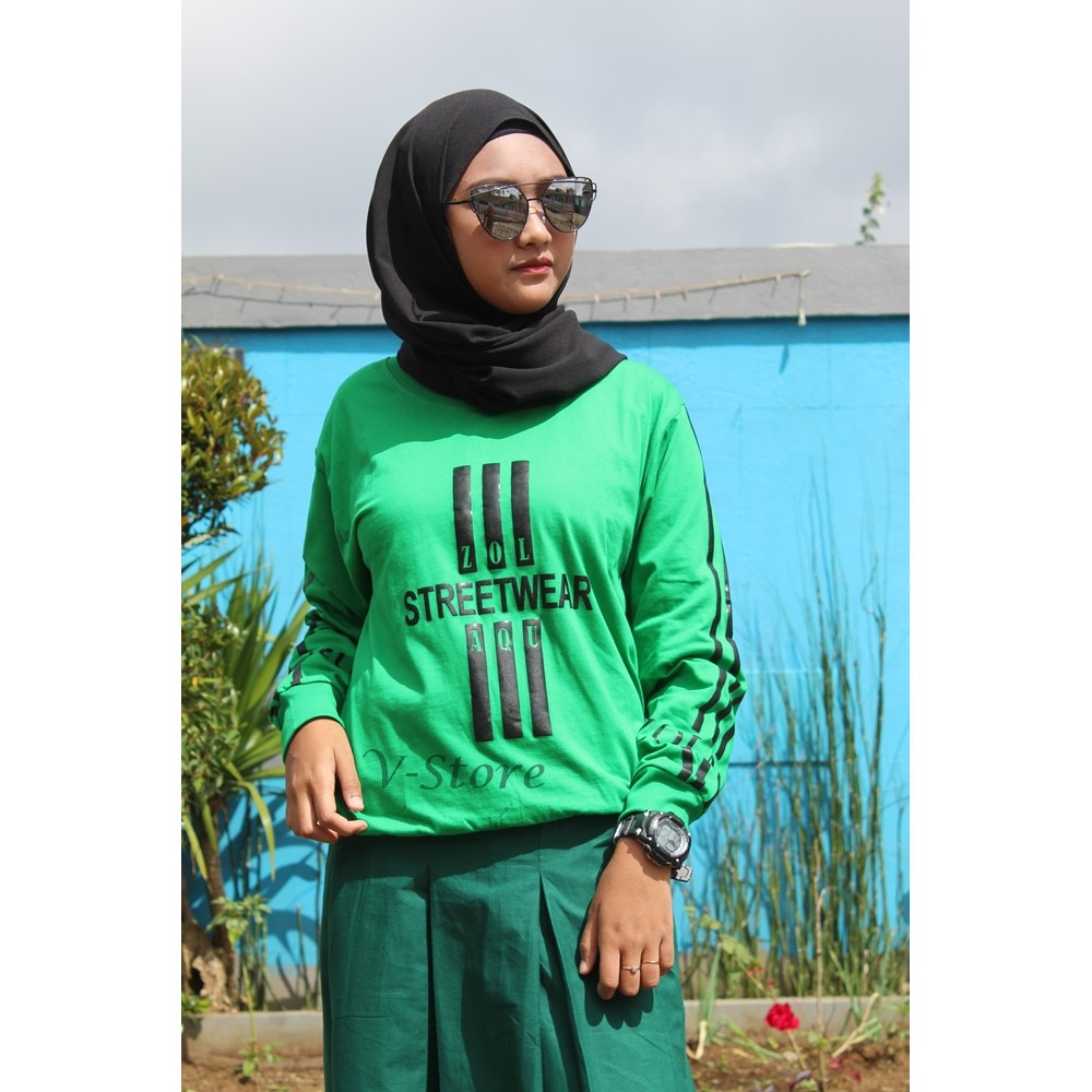 Atasana Wanita Kaos Lengan Panjang Wanita Kaos Zolaqu Strip Warna Hijau