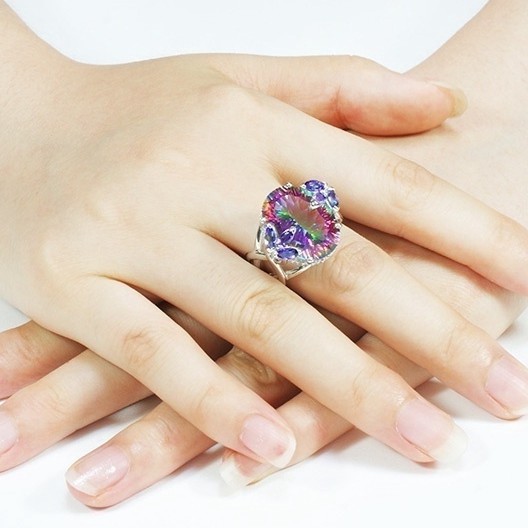 SeuSuk Cincin Wanita Hias Kristal Warna Pelangi Hias Berlian Ungu Imitasi