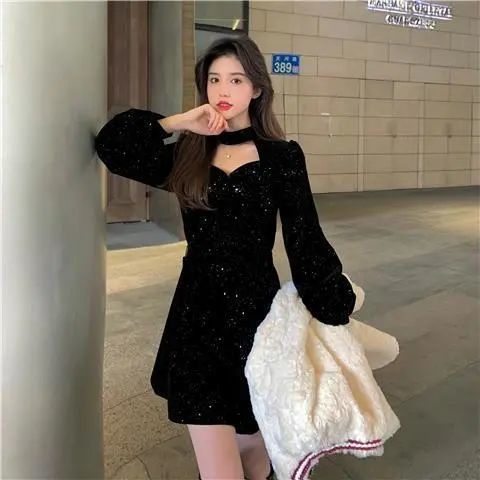 New year's red velvet dress new winter Plush minority design temperament annual meeting dress short