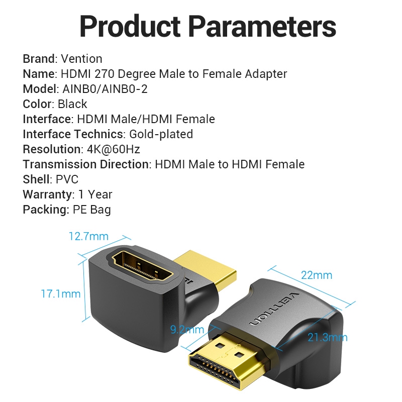 Vention Adaptor Hdmi 270 Derajat Male Ke Female 2.0 4k 2k 1080p