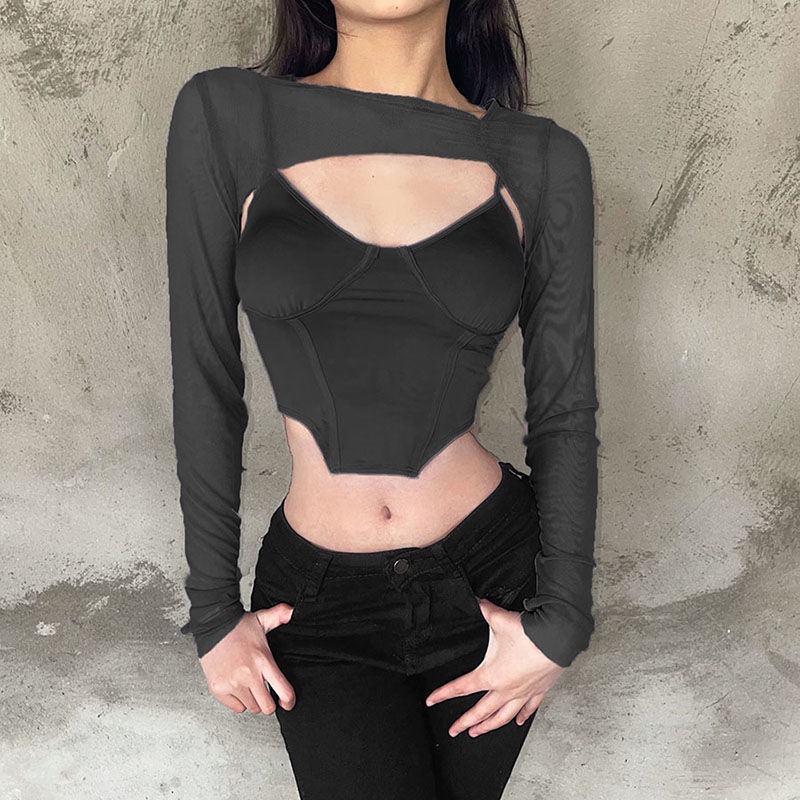 Buktikan kekinian atasan crop top niche design sense taro ungu irregular slim kamisol rompi wanita lengan panjang two-piece short top trendy baju import kaos wanita korean style