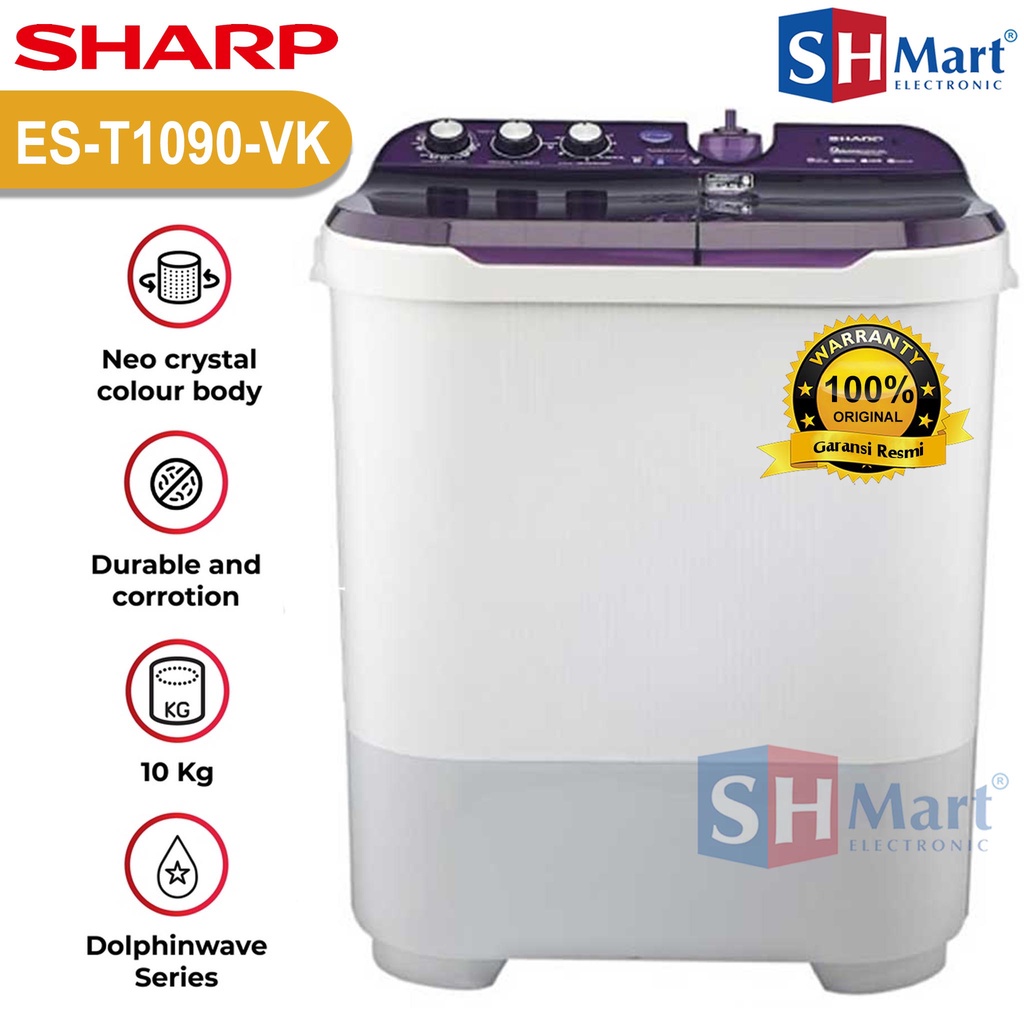 MESIN CUCI SHARP 2 TABUNG 10 KG AQUAMAGIC KG ES-T1090 / EST1090 DOLPHIN PULSATOR GARANSI RESMI