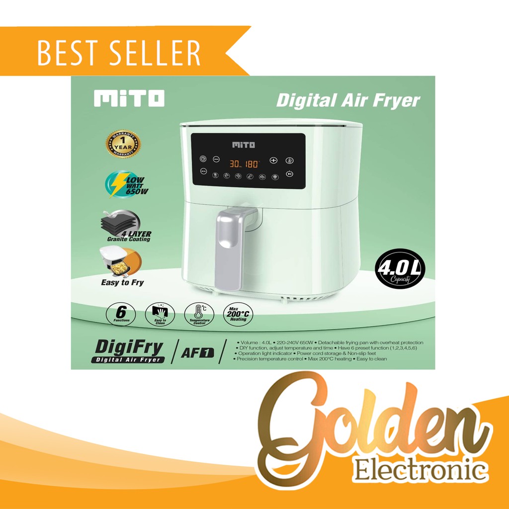 Mito Digital Air Fryer AF1 DigiFry Low Watt - Penggorengan Tanpa Minyak Wood Handle Kayu