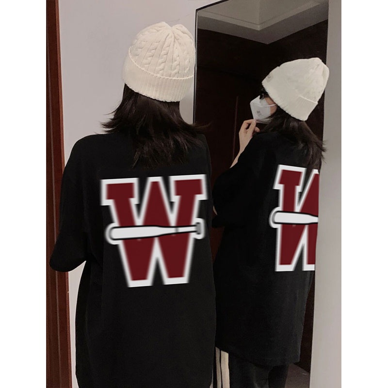 EUNII T-shirt Lengan Pendek Retro Baseball Pencetakan Longgar Korean Style/Kaos Atasan Wanita/Baju Kaus Oversize Wanita