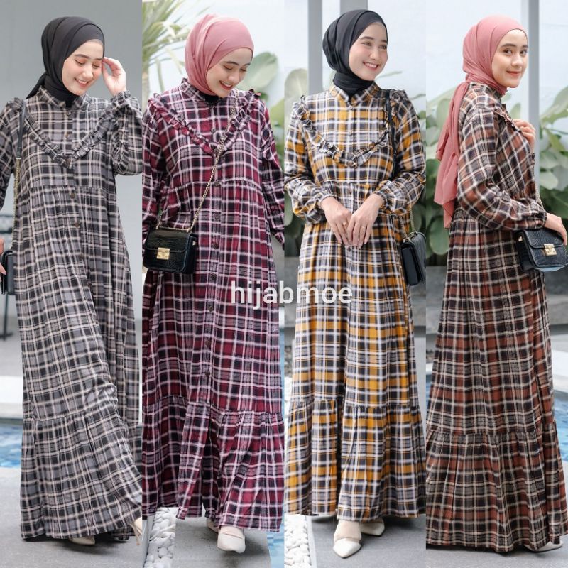 Vente Daily Yura Maxy  Gamis Wanita Rayon Viscose LD 116 Motif Flanel Kotak Full Kancing / Busui dan