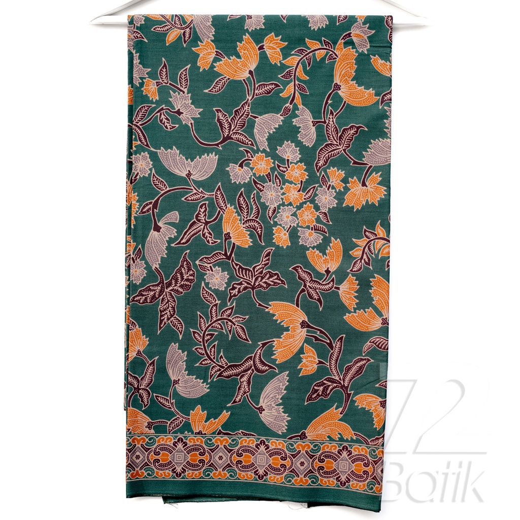 KAIN BATIK KATUN Premium Motif Kembang Warna Hijau Orange 728099 Cap 72 Jarik Jarit Samping Kebat Panjang Batik Katun Modern Premium Bahan Seragam Batik Pernikahan Kantor Keluarga Murah Kamen Jadi Batik Bali Lembaran