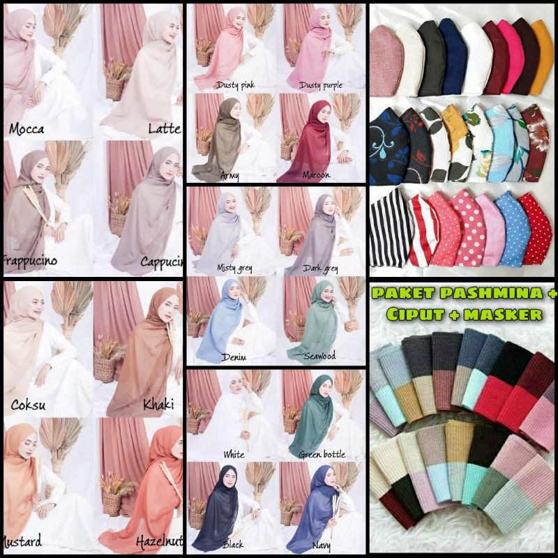 Hijab pashmina paket jilbab+ciput+masker