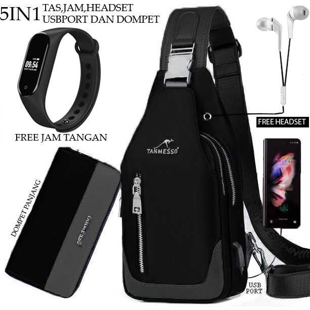 TANMESSO 5in1 BAYAR DITEMPAT- JAM LED -HEADSET- DOMPET -USBPORT -TAS WATERPROOF-BAHAN INTERPILAR SENDIRI LEMBUT DAN TEBAL MENGANDUNG 70%COTTON BUKAN PARASUT ATAU KANVAS SEPERTI YANG BEREDAR DIPASARAN-TAS SELEMPANG PRIA-SLING BAG PRIA