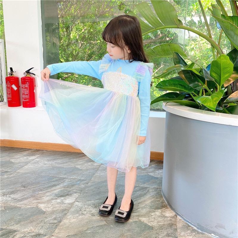 Dress Gaun Anak Lengan Panjang Unicorn Rainbow Glitter Sequin