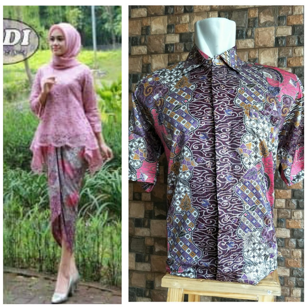 couple set cewek kebaya brukat rok lilit rinjani dan cowok kemeja batik lengan pendek