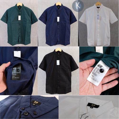 KEMEJA PRIA H&amp;M BASIC SHORT SLEEVE SHIRT COTTON RAMIE DARK BLUE ARMY GREEN WHITE BLACK SLIM FIT COTTON SHORT SKINNY FIT