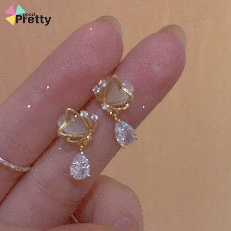 Opal Butterfly Love Water Drop Zircon Stud Earrings Desain Niche Wanita Temperamen Kelas Atas - PD