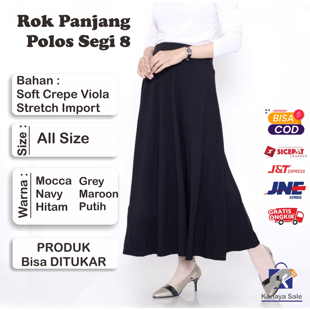 Rok Panjang Polos Segi 8 Wanita Rok Crepe Import Cewek Rok Payung Premium Rok Kerja - Manset Dalaman