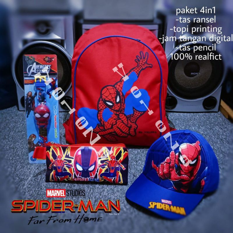 Tas ransel anak laki-laki karakter spiderman 4in1 - Ransel + Topi + Jam + Tempat Pinsil