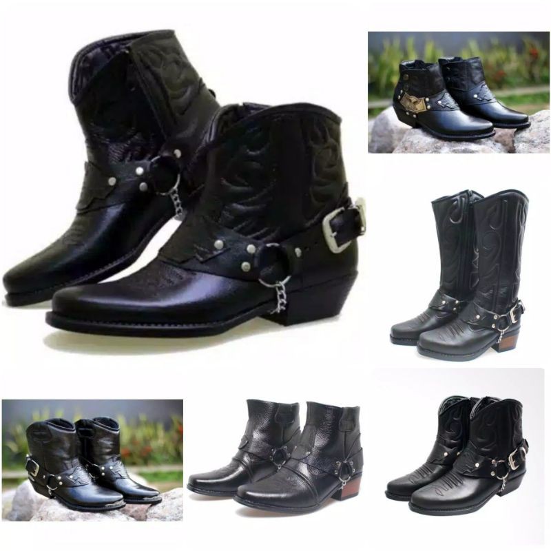 Sepatu Kowboy - Sepatu Boots Pria Sepatu Koboi Kulit Kowboy Bikers Coboy Moge Joungle Original Hitam Black