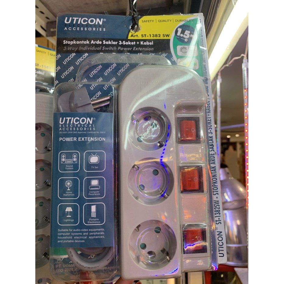 Uticon Stop Kontak 3 Lubang+ Saklar Lampu Masing2+Kabel 1-5M Uticon ST1362 SW SNI original