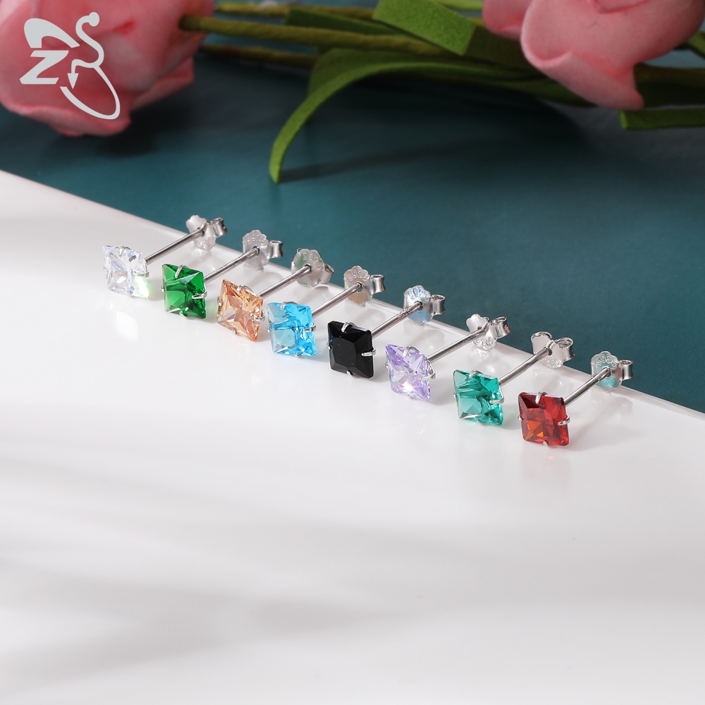 Anting Stud Kristal Helix Cartilage Bahan 925 Sterling Silver 8 Warna Biru Danau Ungu