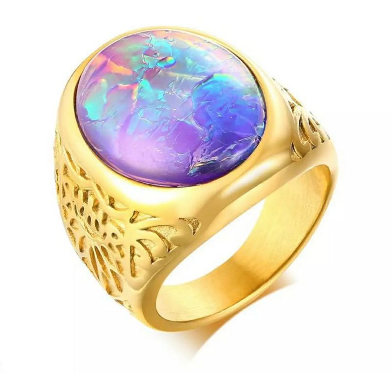 Cincin Pria Akik Opal Kalimaya Ring Berbahan Titanium Gold Mewah Original Anti Luntur dan Karat