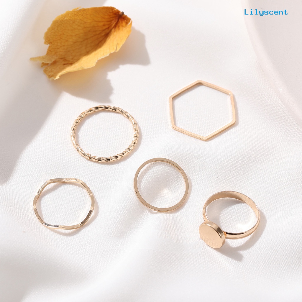 5pcs / Set Cincin Tipis Bahan Alloy Warna Emas Untuk Wanita