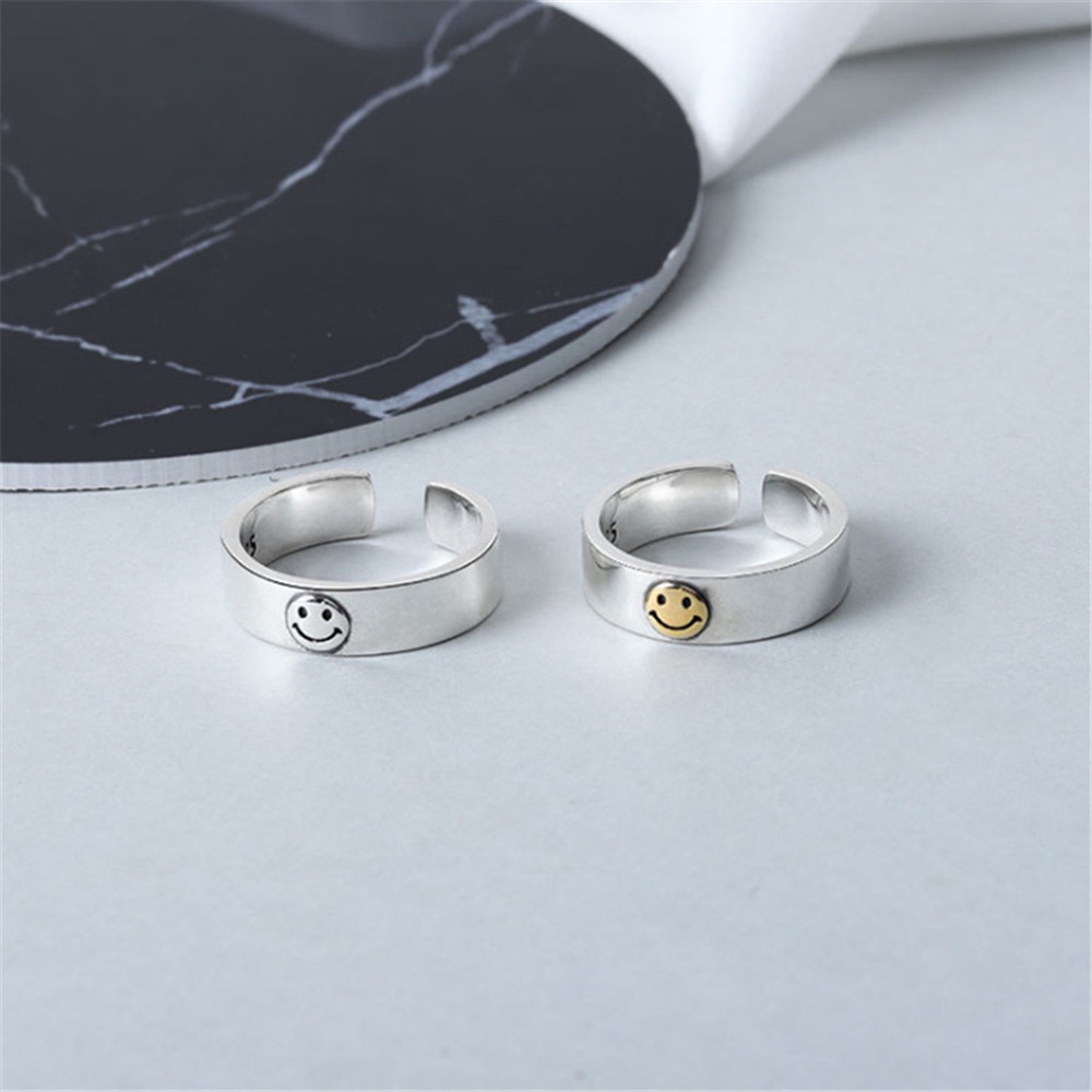 Fashion Golden Smiley Thai Silver Cincin Pasangan Ukuran Disesuaikan untuk Wanita dan Pria