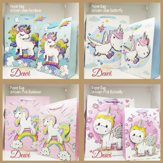 

6 pcs Paper Bag Unicorn Gambar 3D dengan glitter cocok utk tas kantong ultah bento souvenir murah