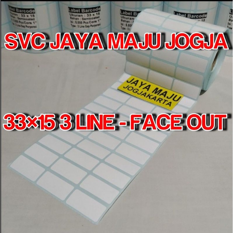 

33 X 15 SEMICOATED - 3 LINE - FACE OUT - ISI 5.000 PCS || CORE 1" || LABEL BARCODE PAKAI RIBBON MINIMARKET SUPERMARKET SWALAYAN WARUNG TOKO KELONTONG AKSESORIS BUKU OLEH-OLEH BAKPIA || 33X15 LABEL BARCODE PRINTER SEMICOAT - ISI 5000 PCS
